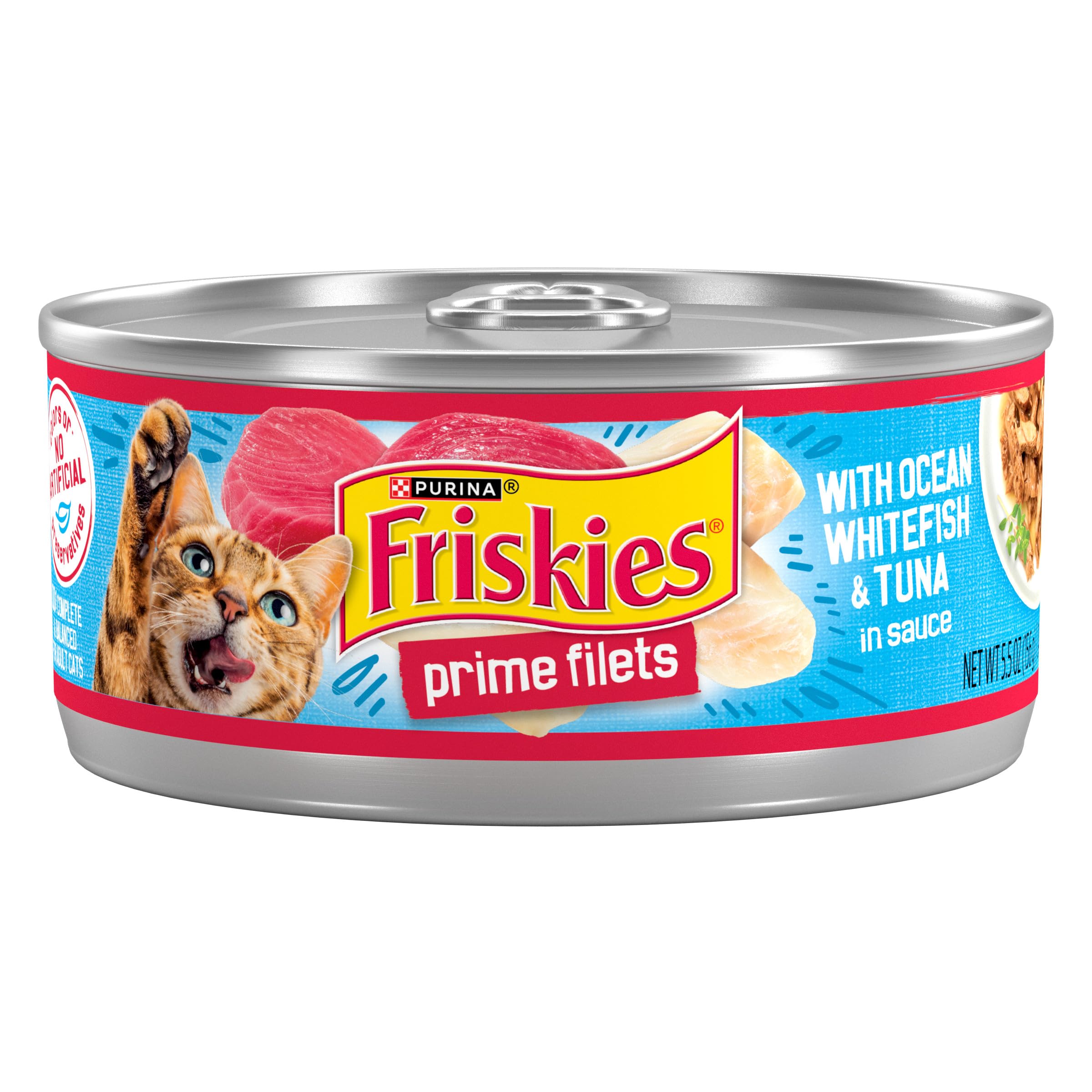 Friskies lata frontal mostrando la marca y atractivo visual del envase