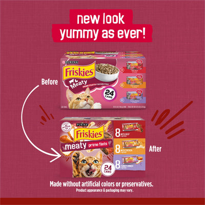 Friskies lata abierta con salsa brillante, textura atractiva para gatos