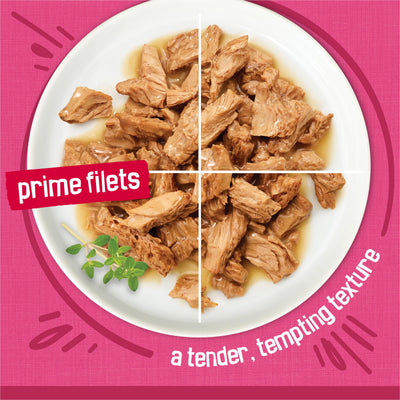 Friskies prime filets lata abierta con contenido visible, humedad que favorece apetito