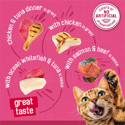 Friskies prime filets variantes sobre mesa con diferentes recetas, elección de sabores