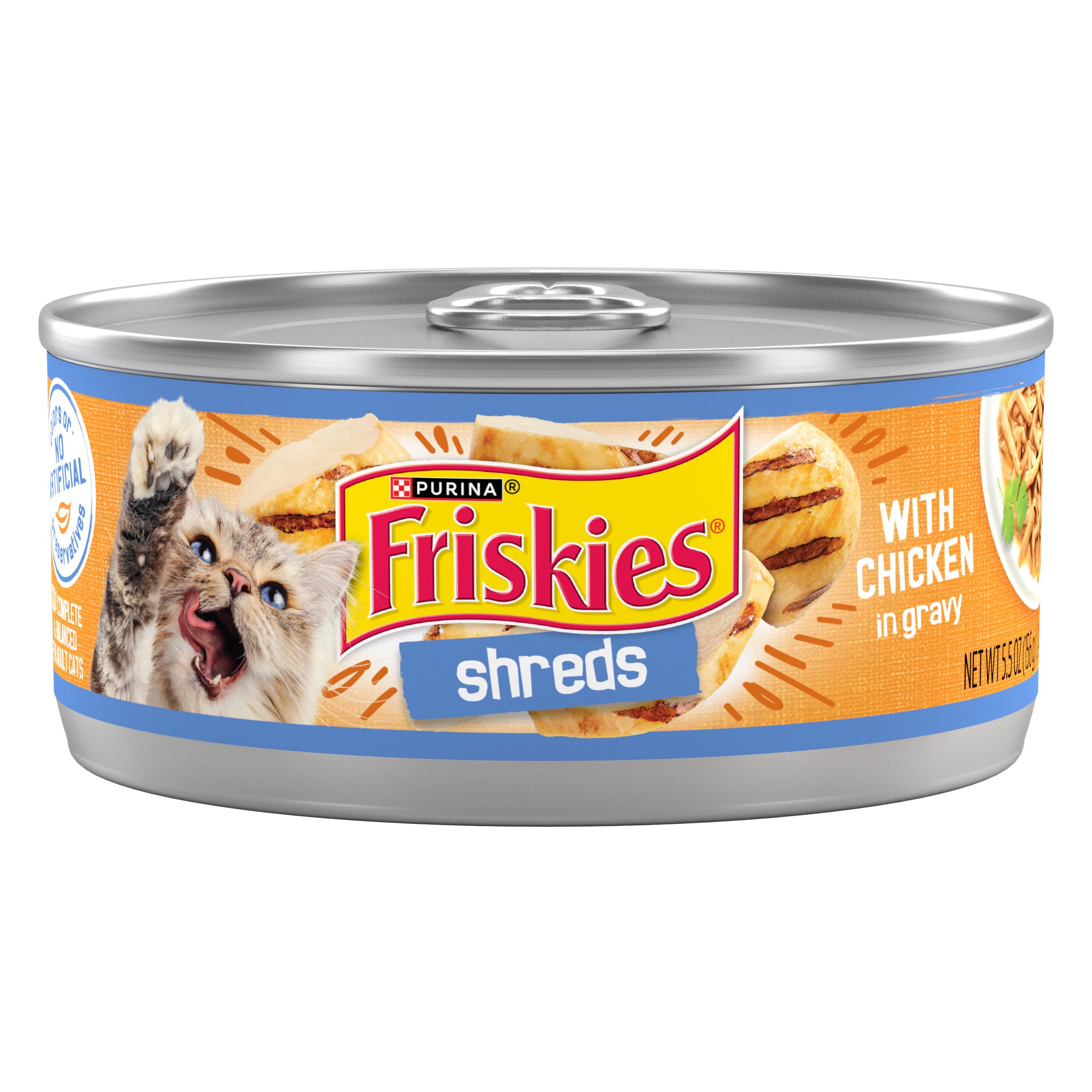 Friskies lata frontal con pollo, muestra marca y presentación atractiva