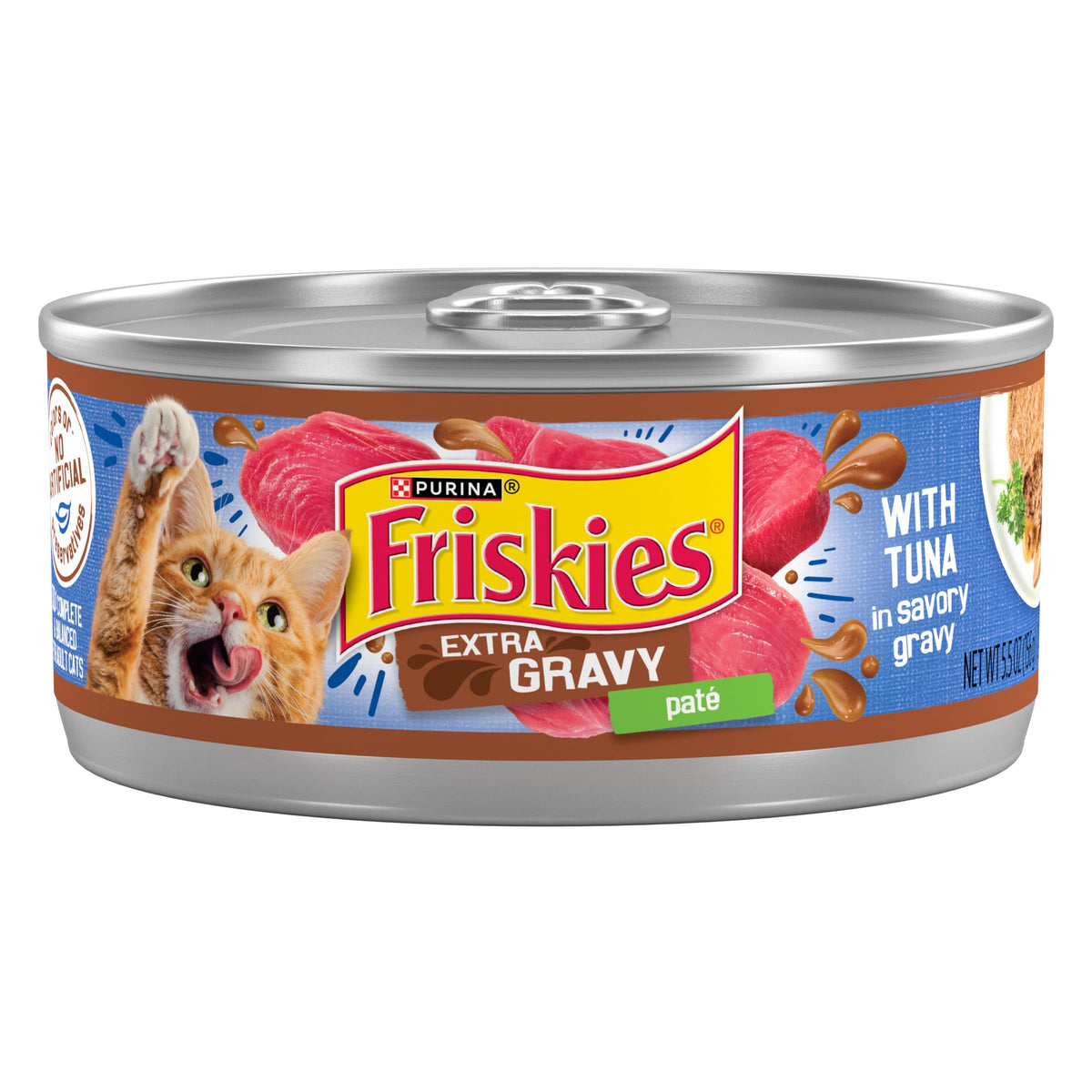 Friskies front packaging showing tuna pate cans and brand for quick identification