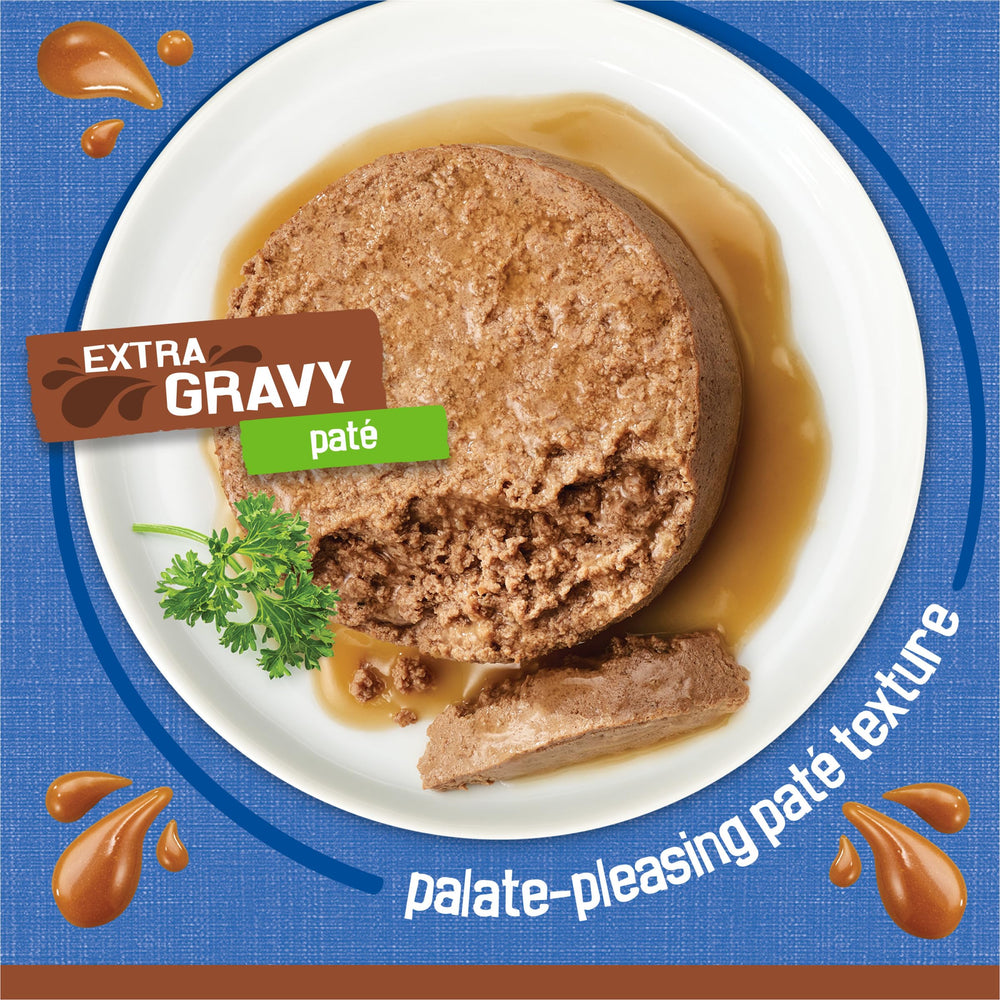 Friskies close-up of gravy sheen on pate highlighting moist texture cats enjoy