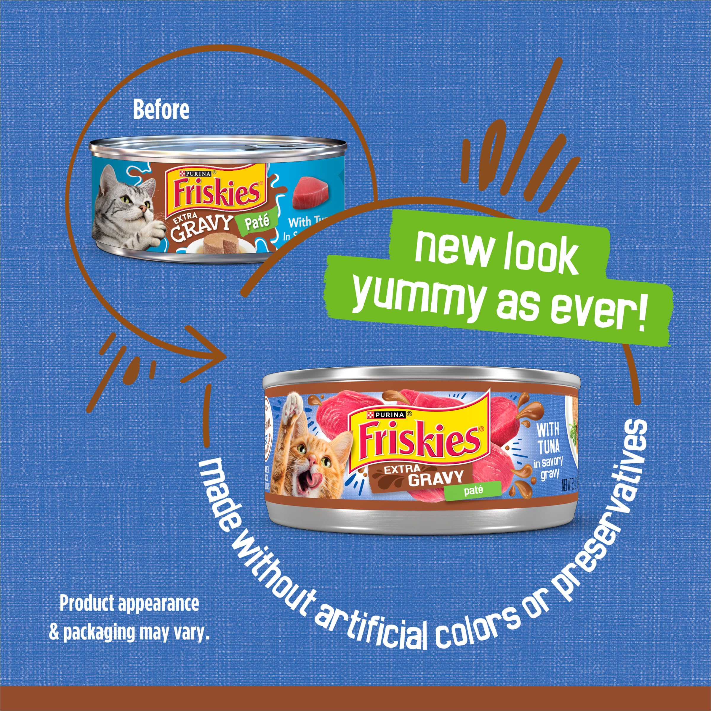 Friskies open can top view revealing smooth pate and extra gravy for appetite appeal