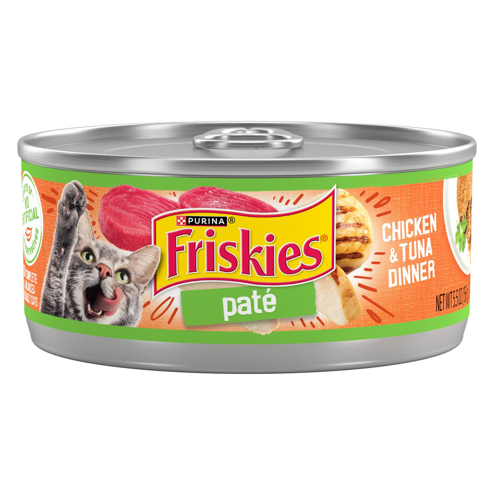 Friskies lata frontal mostrando diseño y marca, ideal para identificación rápida