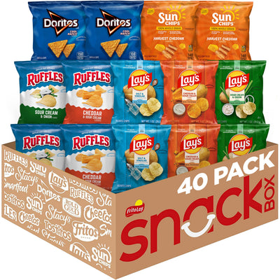 Frito Lay front packaging showing entire 40-count variety pack and convenience