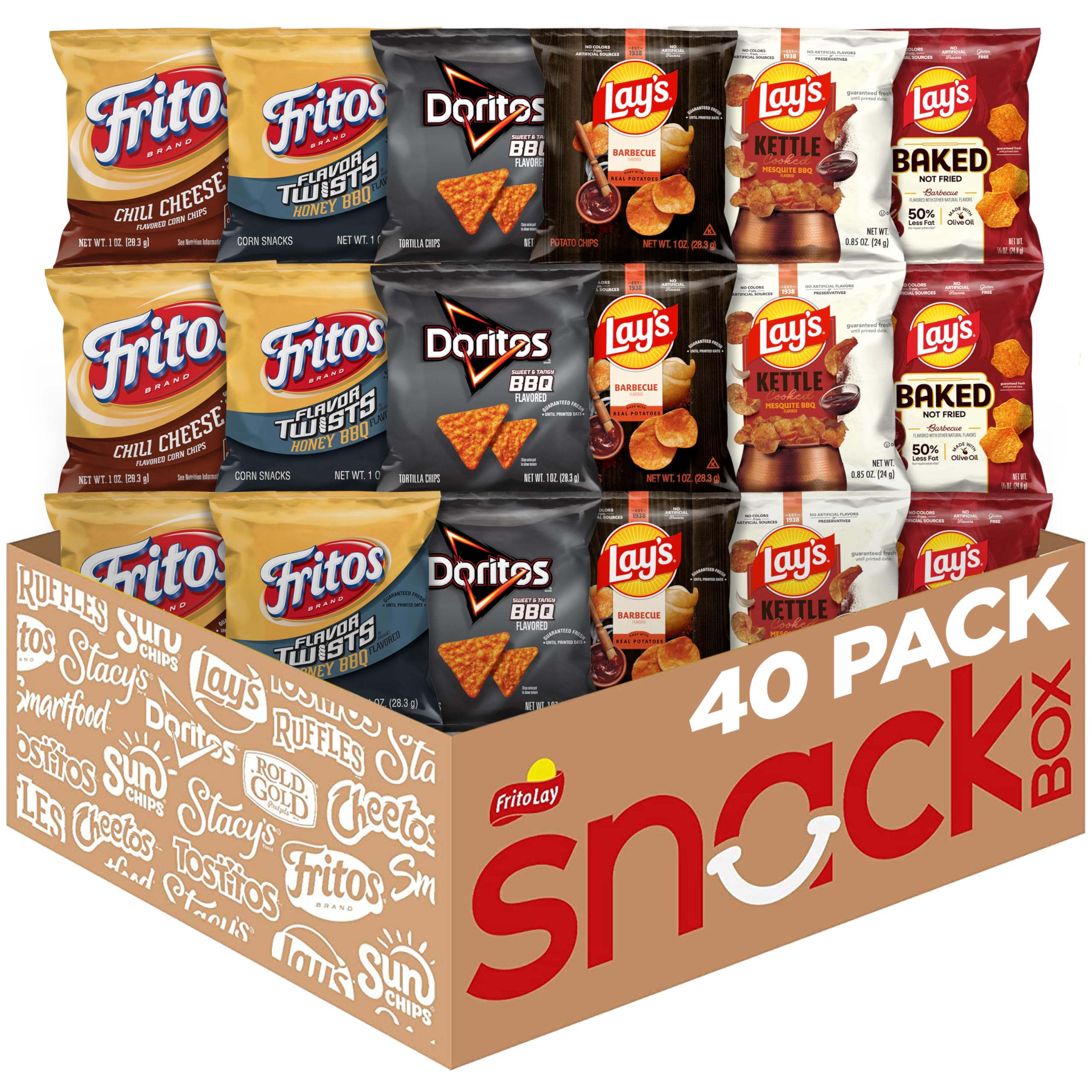 Frito Lay front view of variety pack box showing branding and quantity — convenient supply