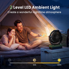 FRIZCOL ventilador colgado en tienda iluminando y refrescando, comodidad en camping
