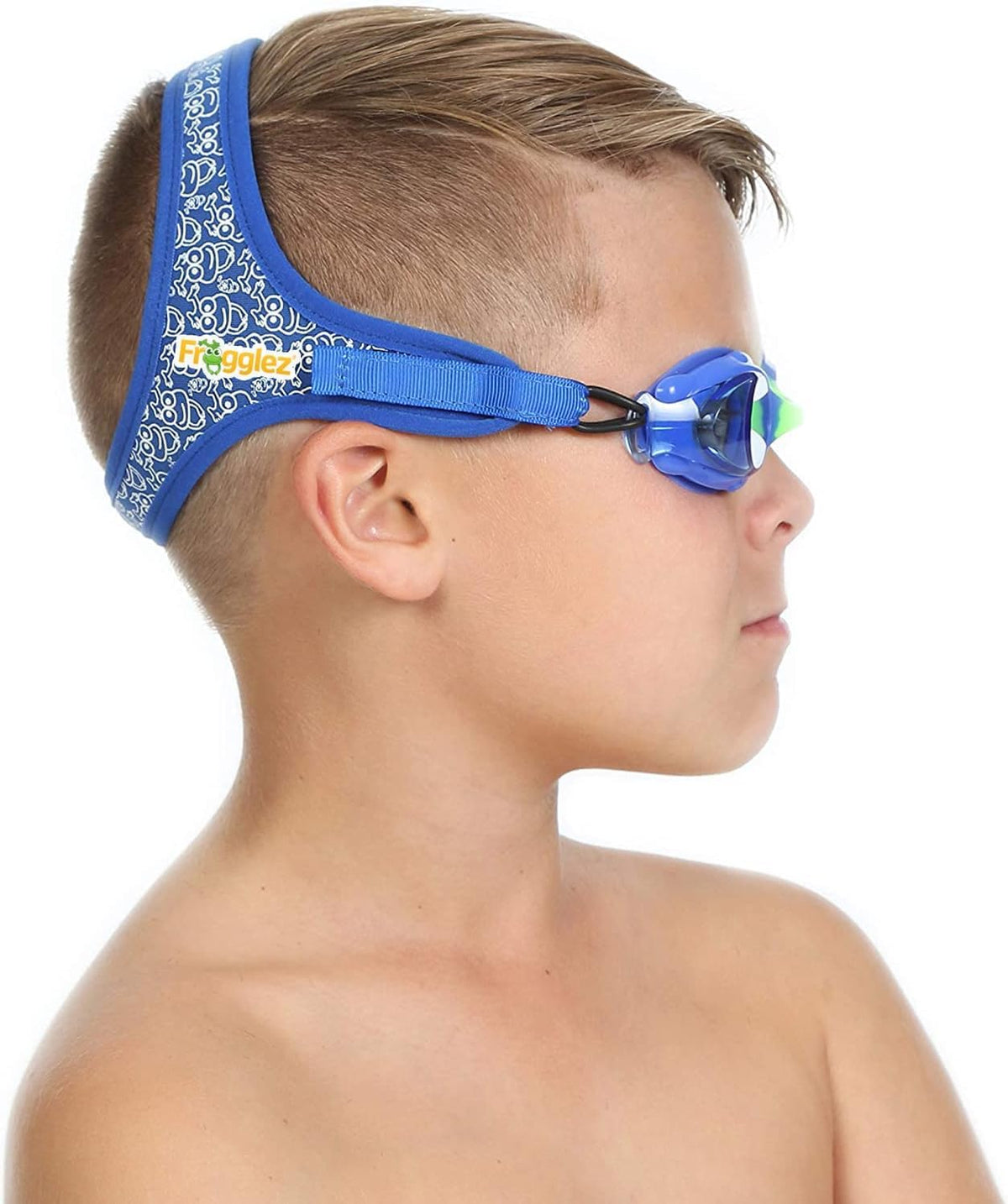 Frogglez front packaging showing comfortable kids goggles and benefits