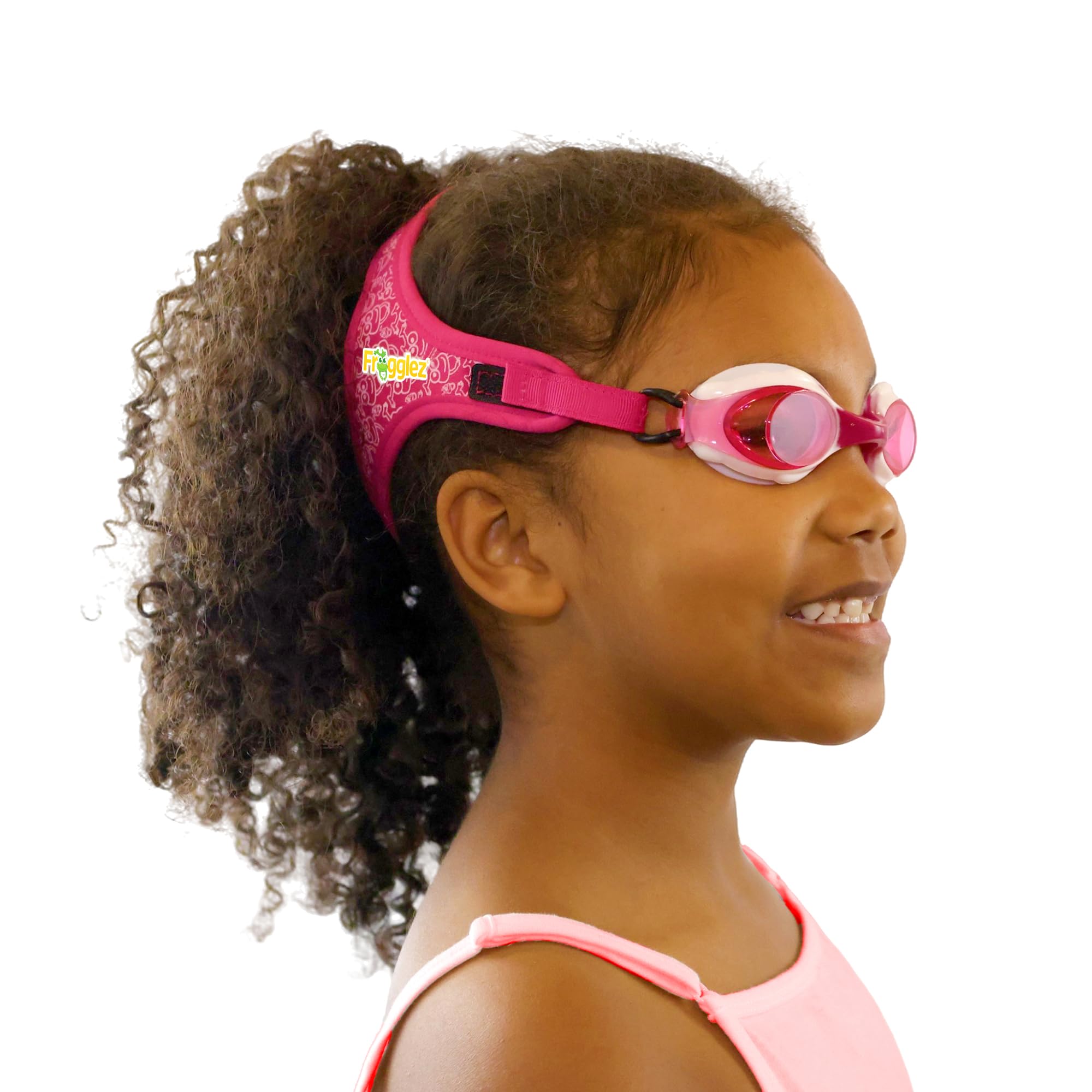 Frogglez front view showing comfortable band and sealed lenses for pain-free swimming