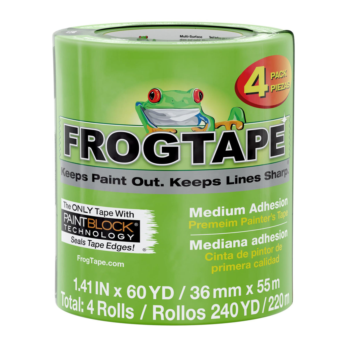 FrogTape paquete frontal cuatro rollos, fácil identificación y ahorro