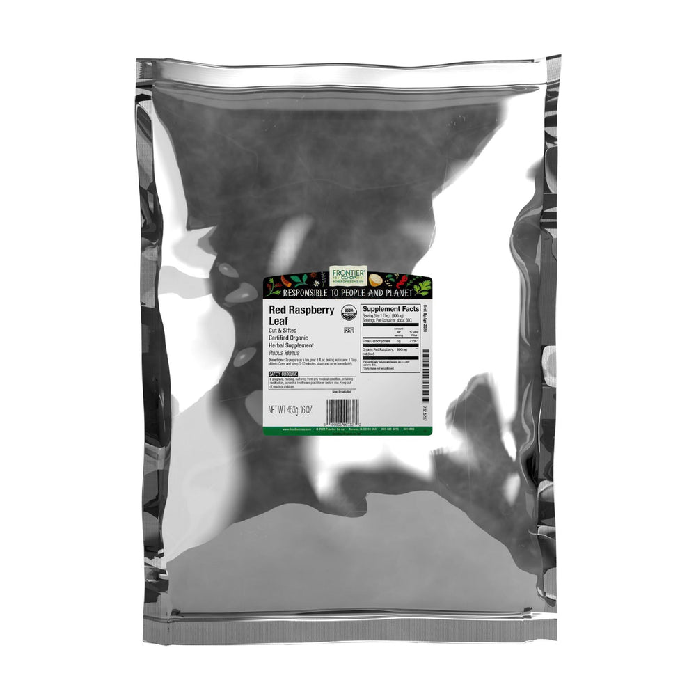 Frontier Co-op paquete delantero de hoja de frambuesa orgánica, claridad y pureza