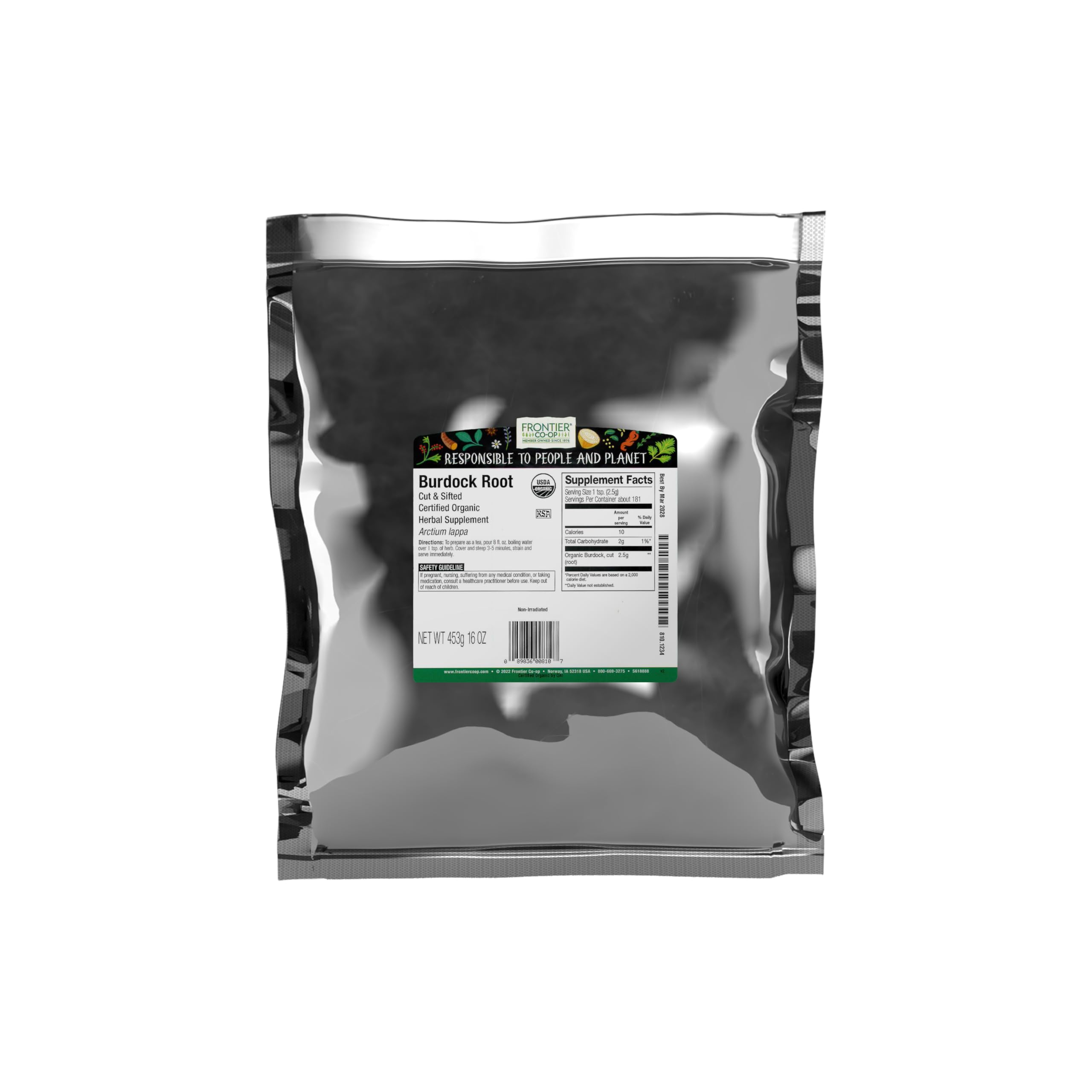 Frontier Co-op bolsa frontal mostrando raíz de bardana y beneficio de cantidad