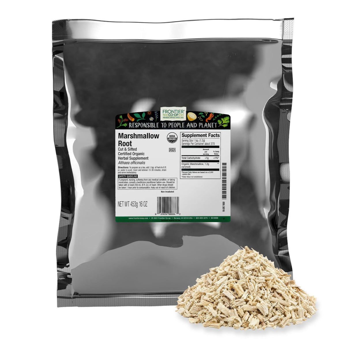 Frontier Co-op paquete frontal de raíz de malvavisco mostrando presentación clara