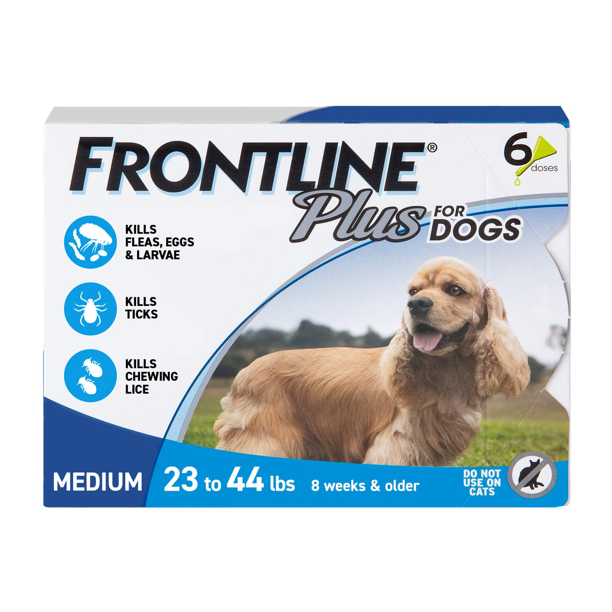 Frontline paquete frontal mostrando 6 dosis y beneficios visibles