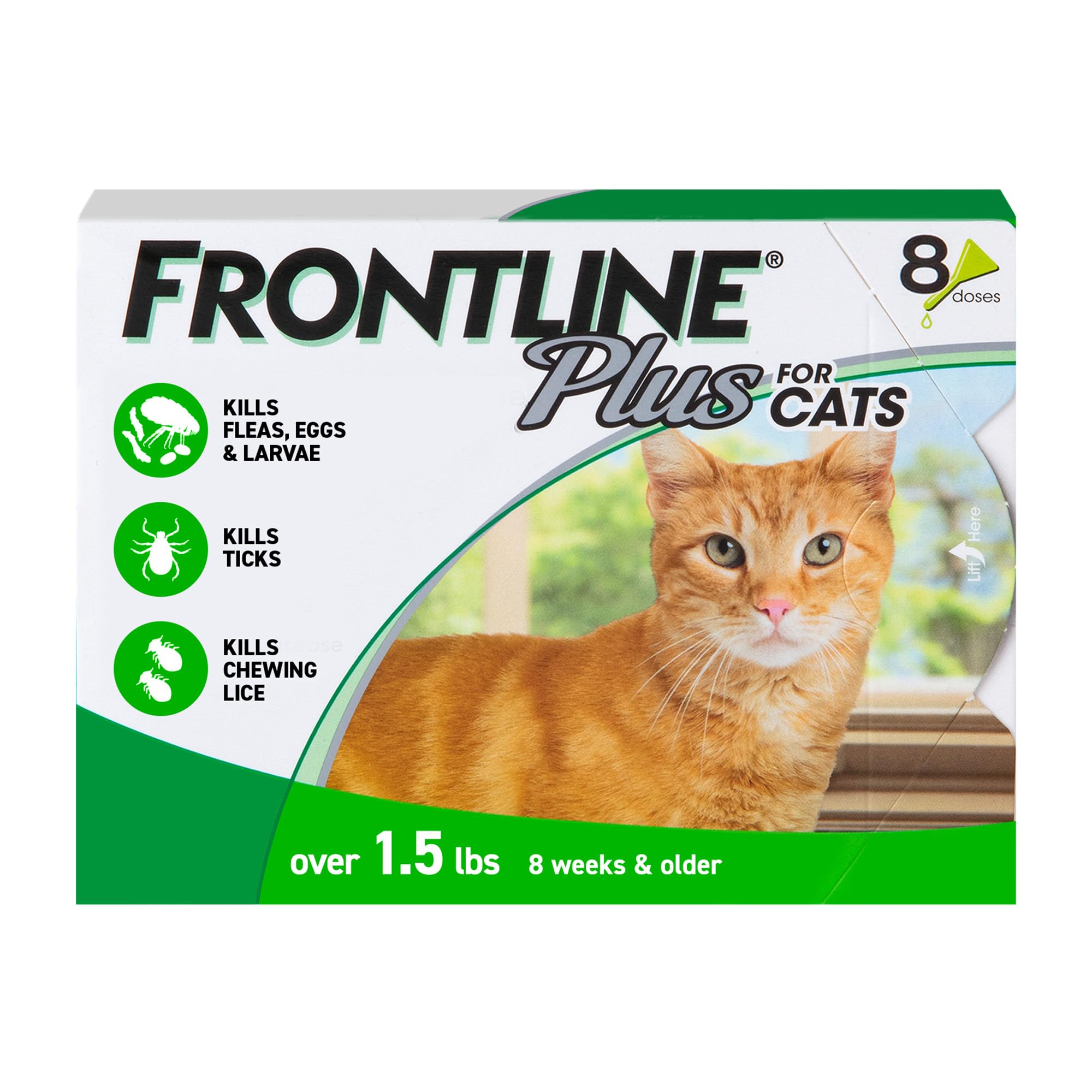 Frontline packaging showing brand and 8-count pack for convenient monthly protection