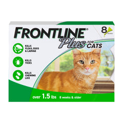 Frontline packaging showing brand and 8-count pack for convenient monthly protection
