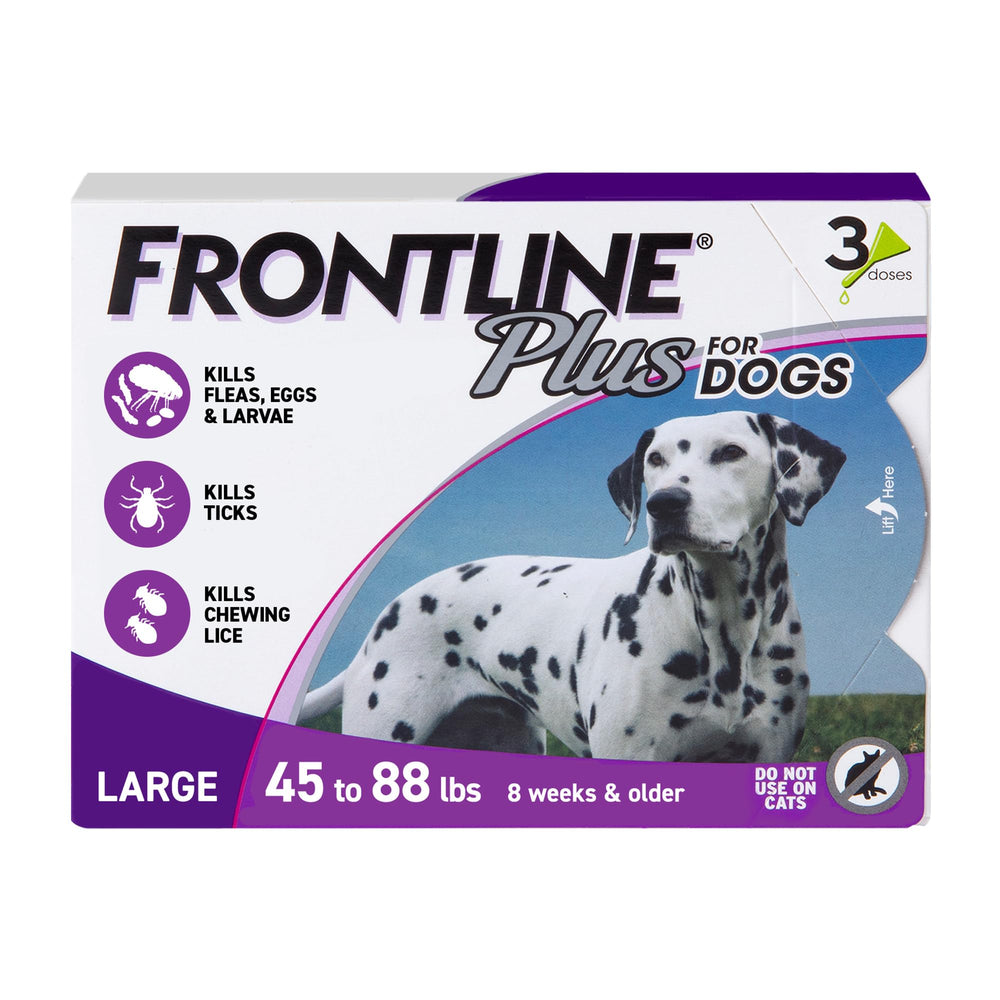 Frontline mostrando el empaque frontal y protección mensual para perros grandes