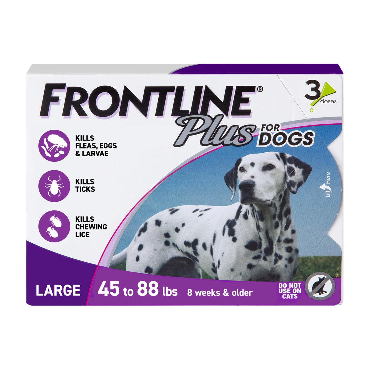 Frontline mostrando el empaque frontal y protección mensual para perros grandes