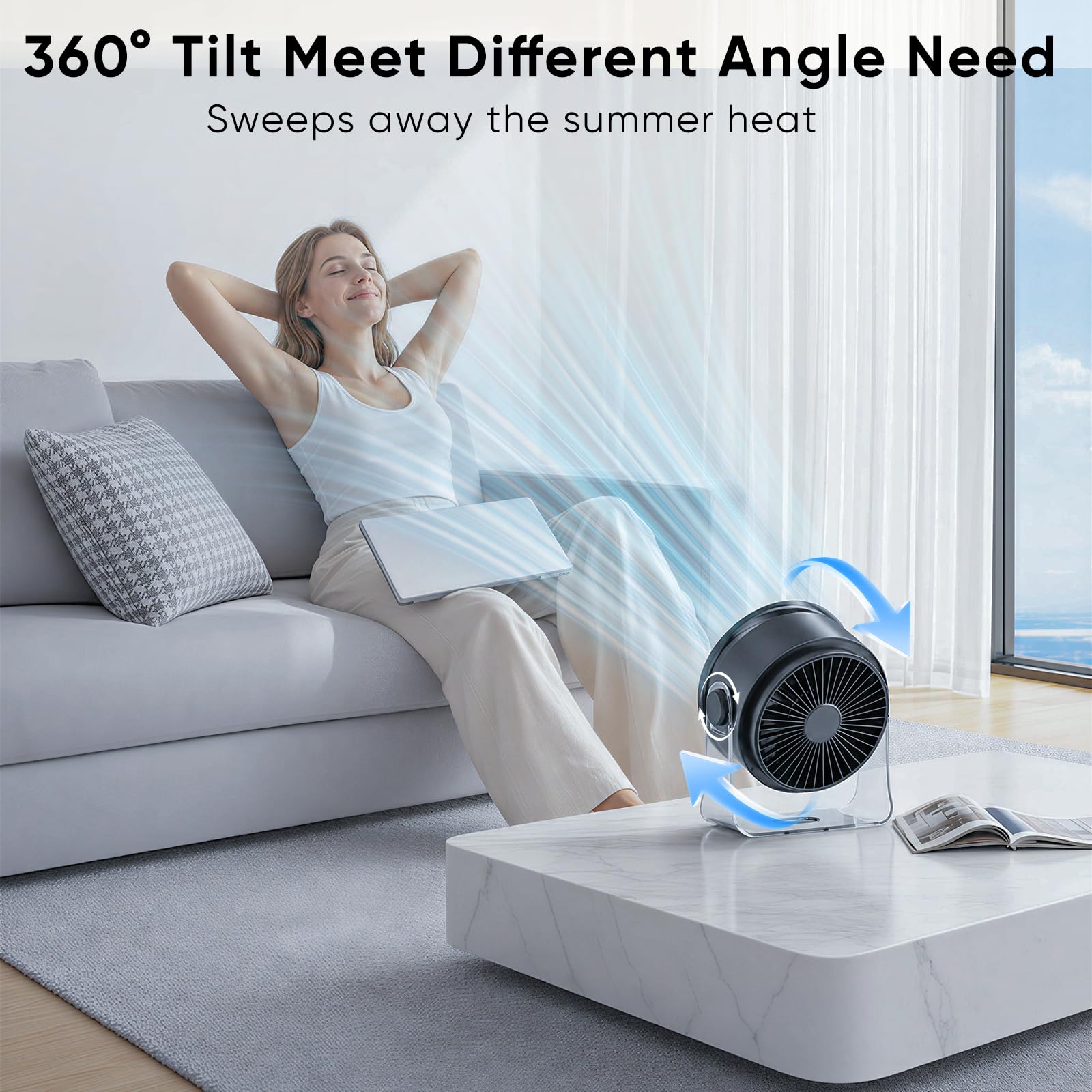 FRONTSUN ventilador junto a una taza de café para mostrar su tamaño compacto