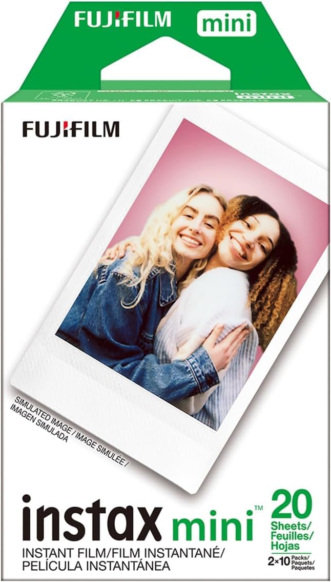 Fujifilm Instax mini paquete frontal mostrando cartuchos listos y beneficio de portabilidad