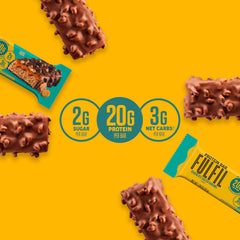 FULFIL bar in hand beside a backpack illustrating portability and convenient protein