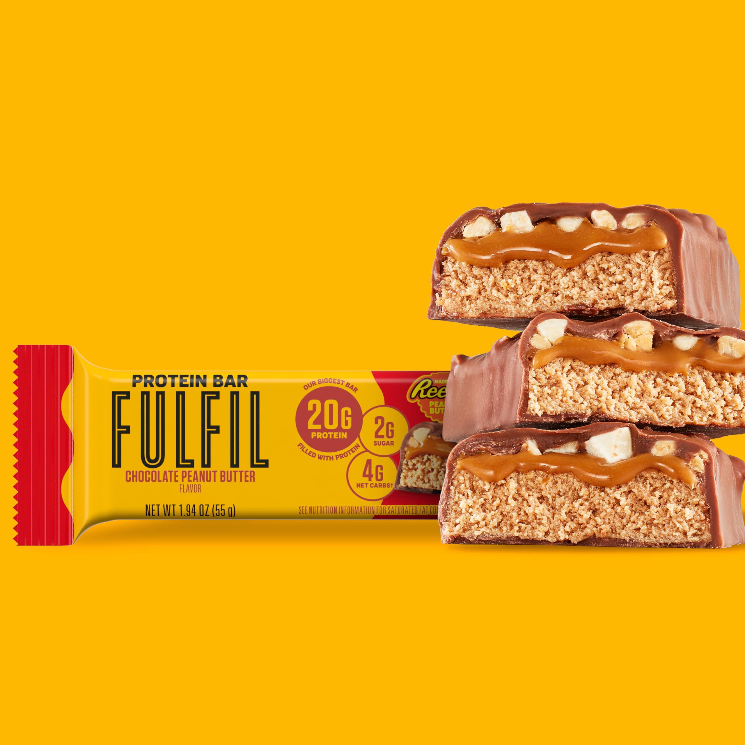 FULFIL Reese's barrita junto a una regla para comparar tamaño y verificar porción de 55 g