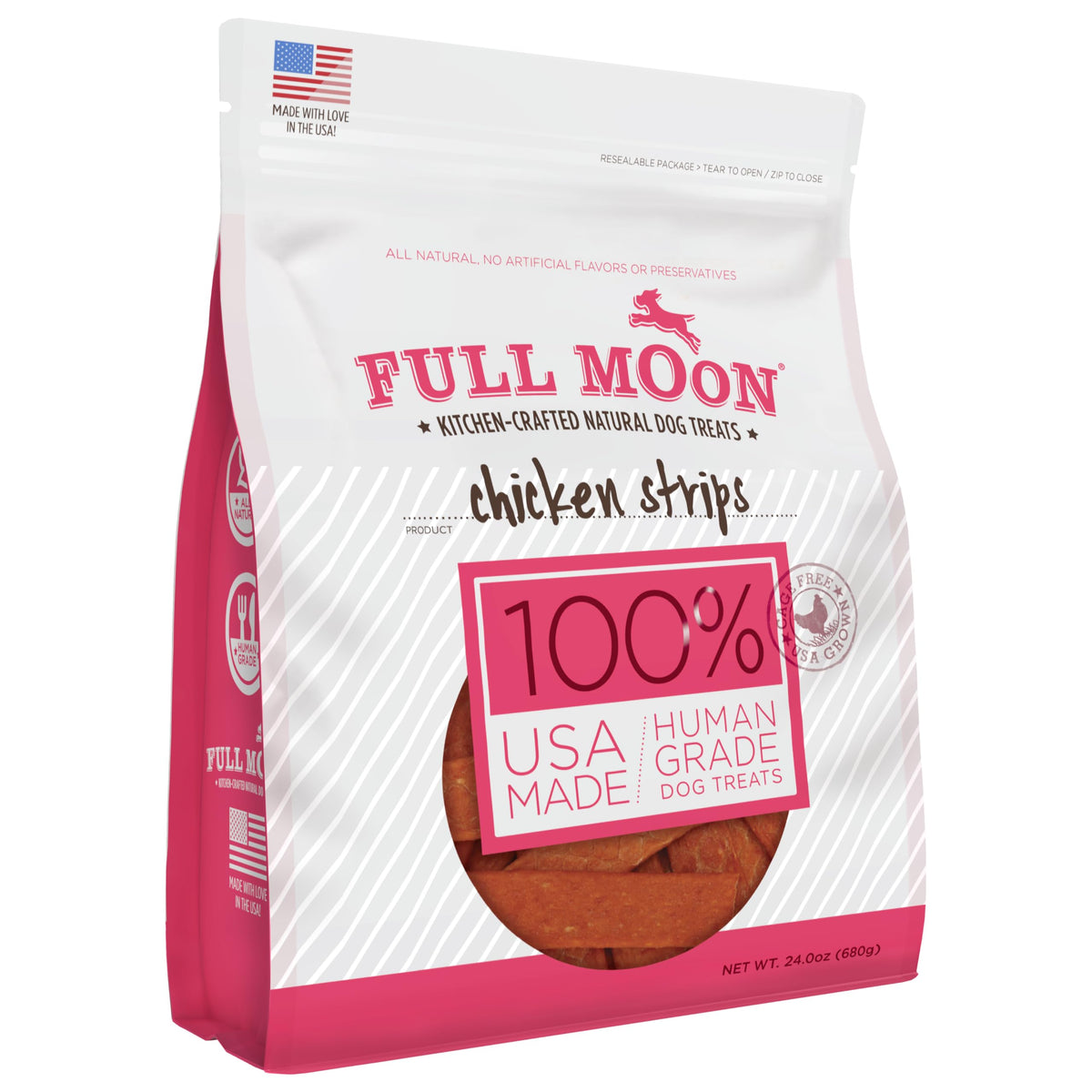 Full Moon empaque frontal mostrando la bolsa y beneficio de calidad humana