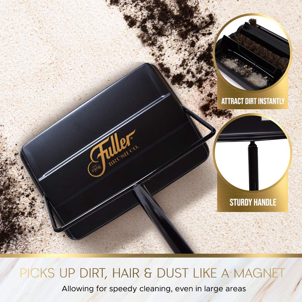 Fuller Brush open dual dust bins for fast press-and-empty disposal without hands touching debris