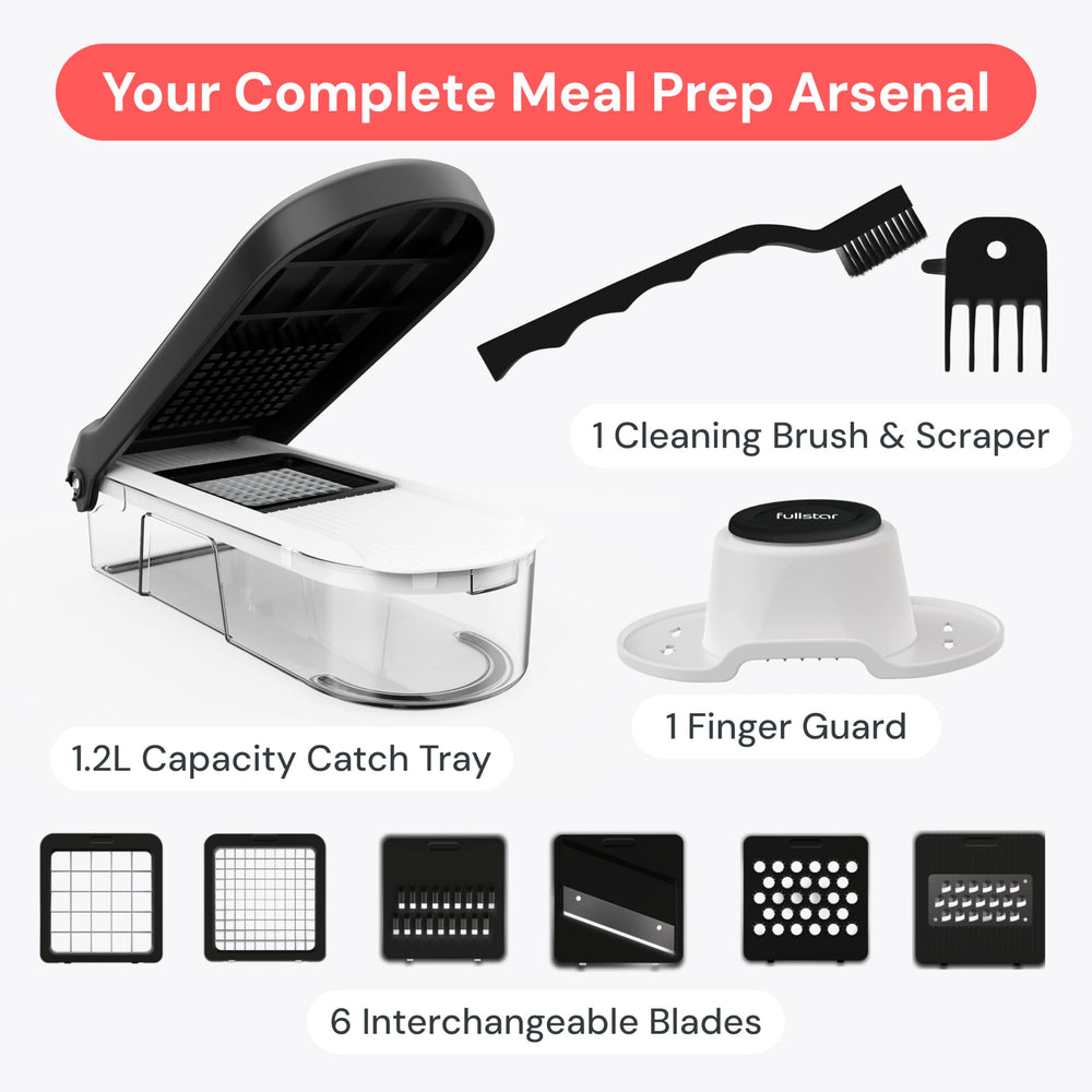 fullstar escena de cocina con la picadora en uso para facilitar el meal prep