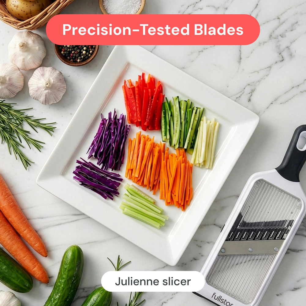 fullstar mano usando el mandolina para cortar pepino, control ergonómico