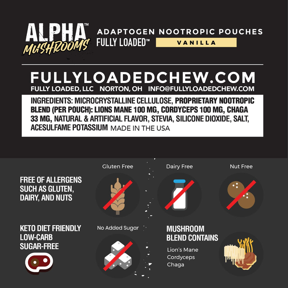 Fully Loaded Alpha Mushrooms detalle de textura de la bolsita y sellado