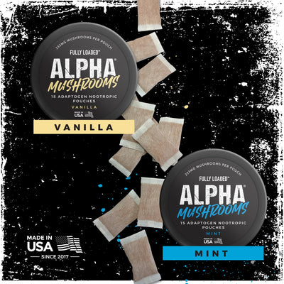 Fully Loaded Alpha Mushrooms cinco latas alineadas mostrando el pack
