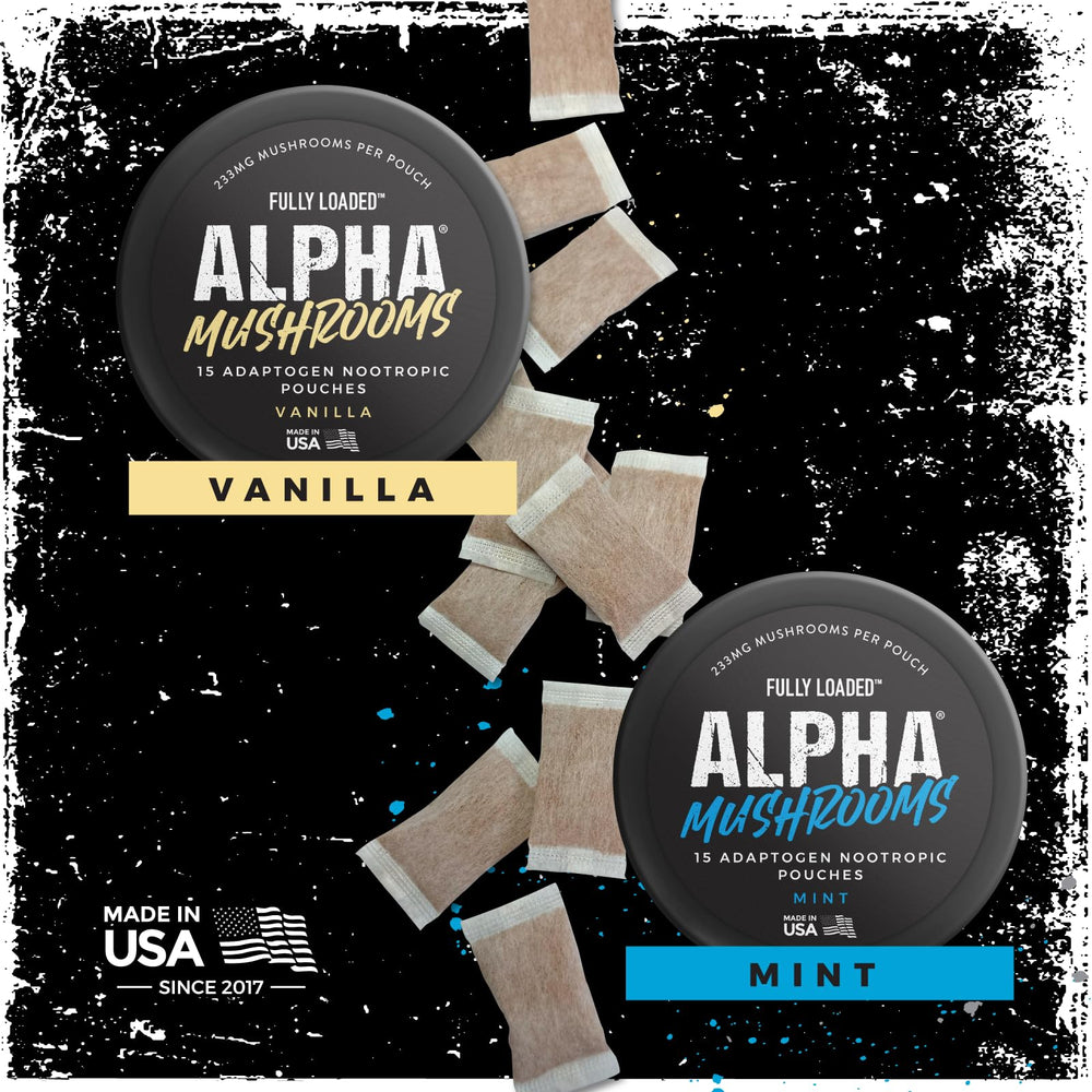 Fully Loaded Alpha Mushrooms cinco latas alineadas mostrando el pack