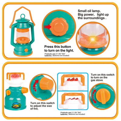 FUN LITTLE TOYS camping accessories laid out for organized pretend play
