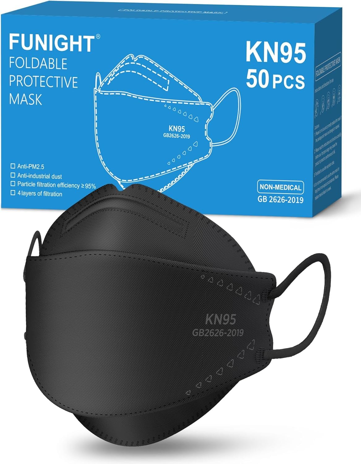 Funight mascarilla KN95 frontal del pack mostrando diseño 3D y acabado negro, mejora el ajuste