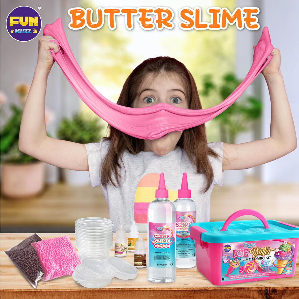 FUN KIDZ niña creando slime en mesa, fomenta habilidades motoras y creatividad