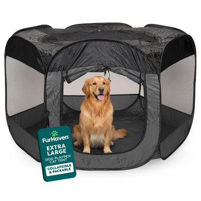FurHaven front view showing gray playpen and easy access benefit