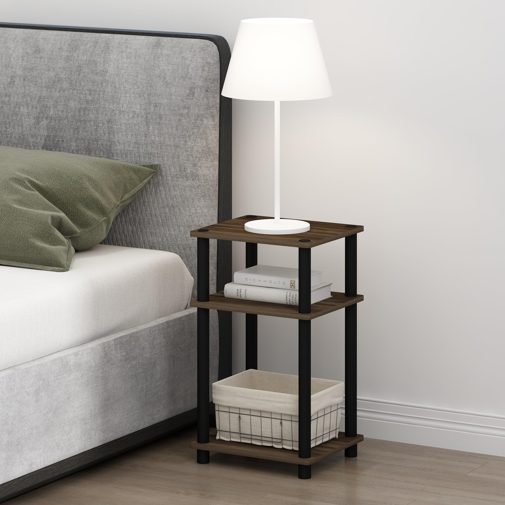 Furinno mesita frontal Columbia Walnut muestra almacenamiento accesible