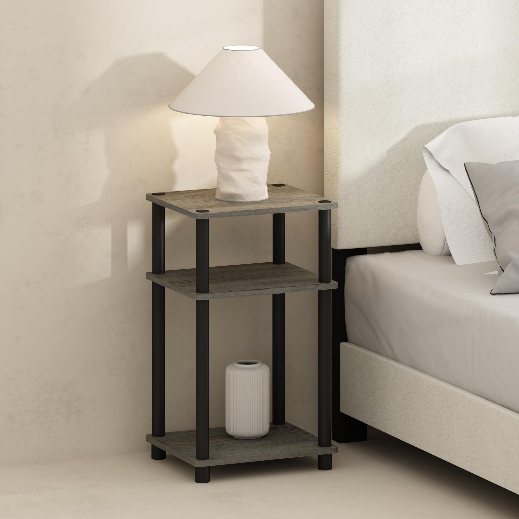 Furinno mesita frontal en French Oak mostrando tres estantes y diseño compacto