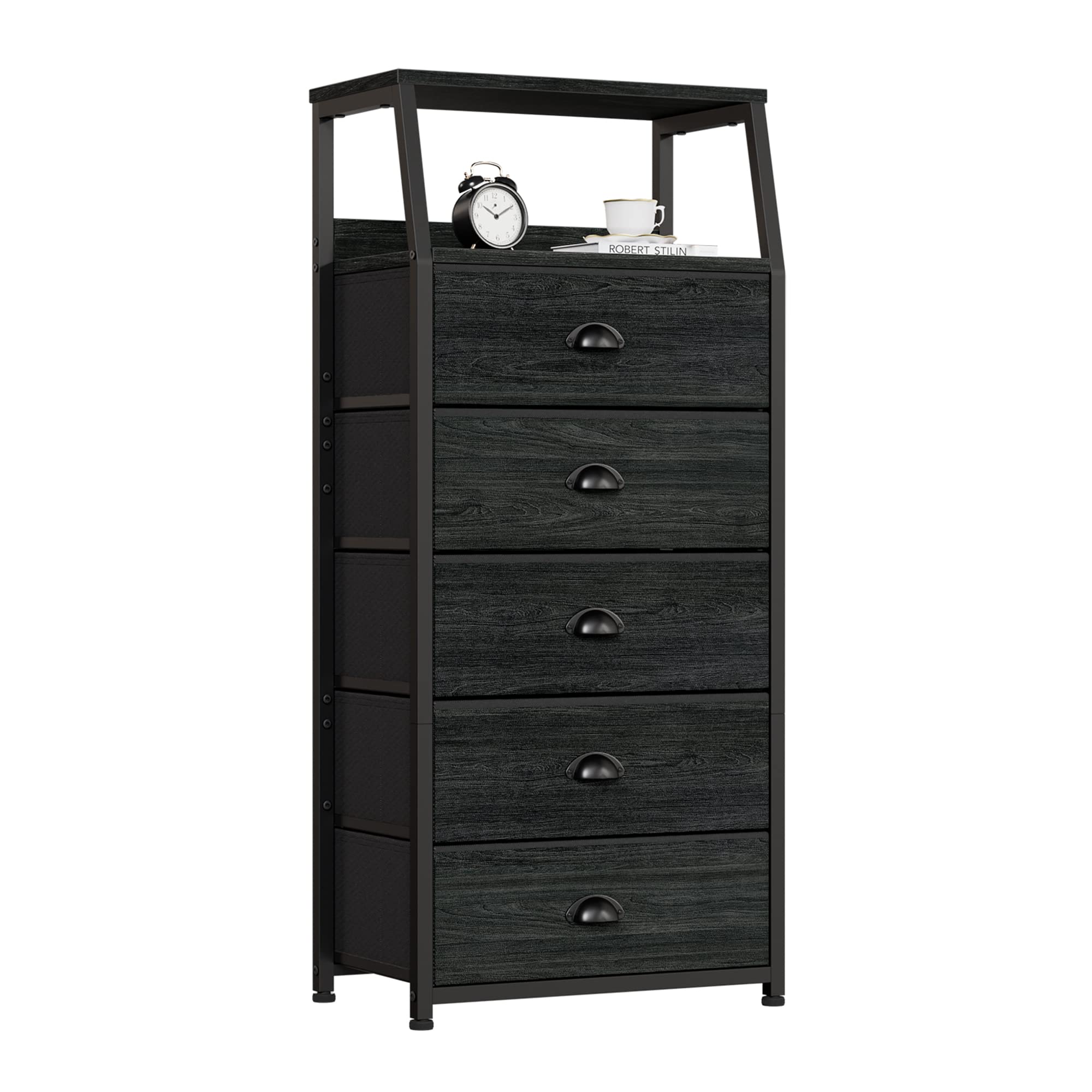 Furnulem black dresser front view showing slim silhouette and organized drawers for space-saving