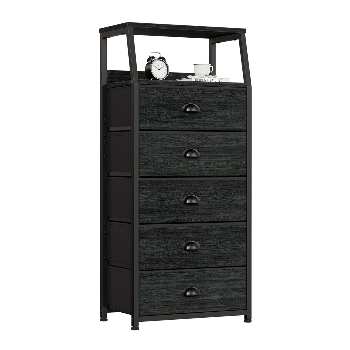 Furnulem black dresser front view showing slim silhouette and organized drawers for space-saving