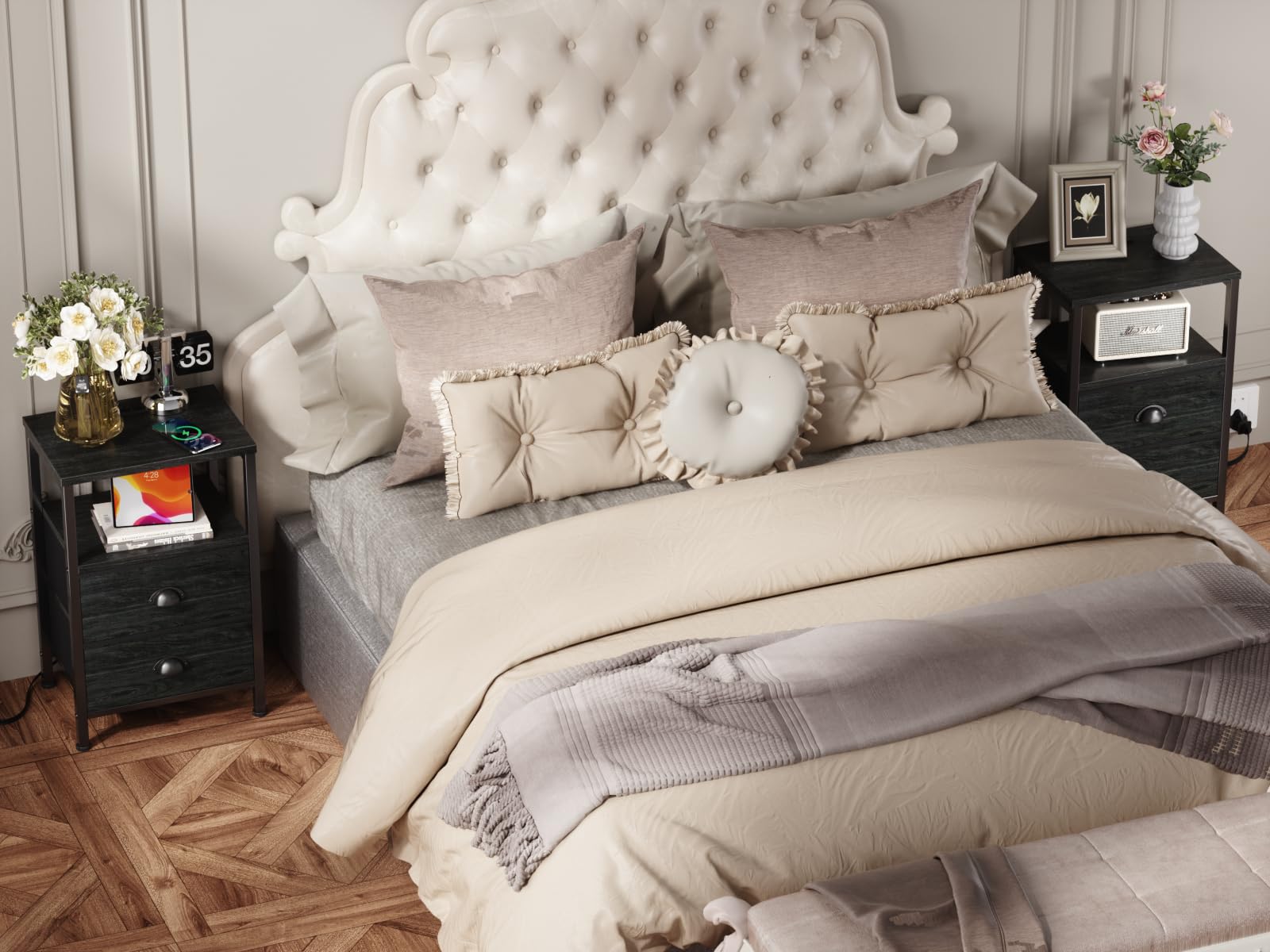 Furologee bedroom lifestyle scene with set of 2 nightstands, upgrades room organization and style