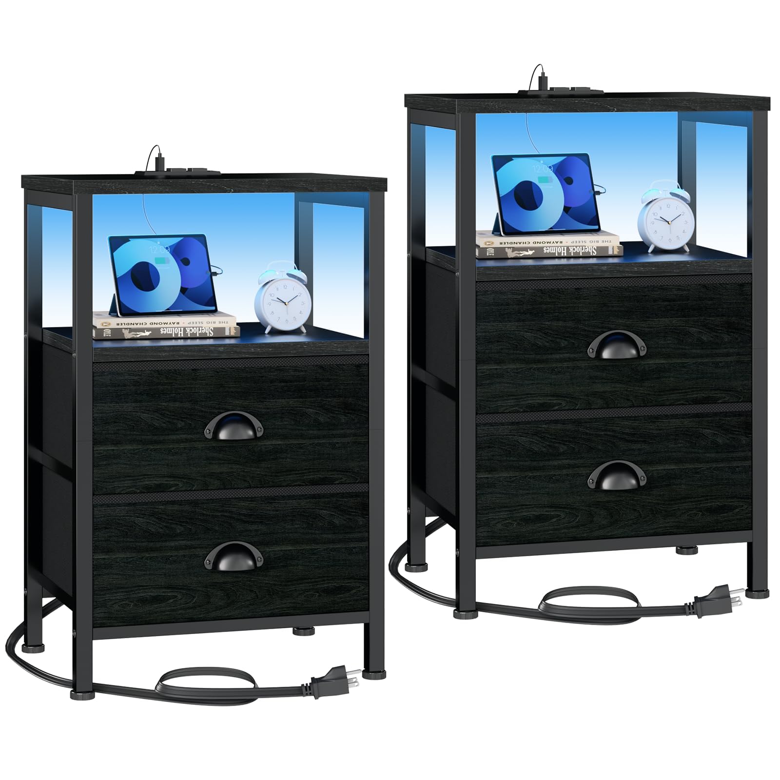 Furologee front view of both nightstands showing storage and finish, enhances bedroom organization