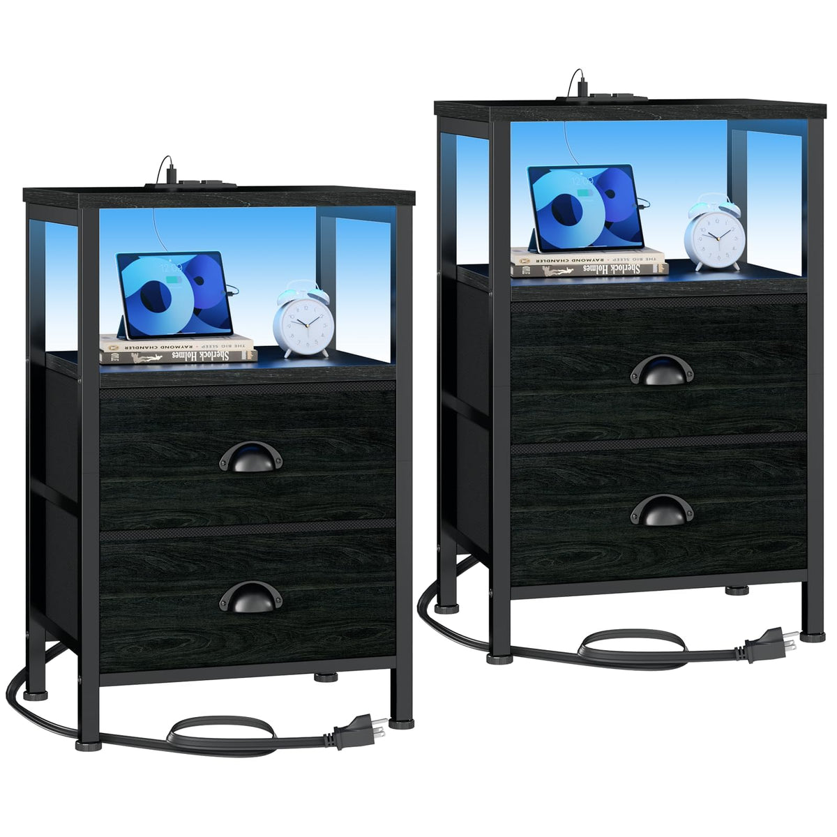 Furologee front view of both nightstands showing storage and finish, enhances bedroom organization
