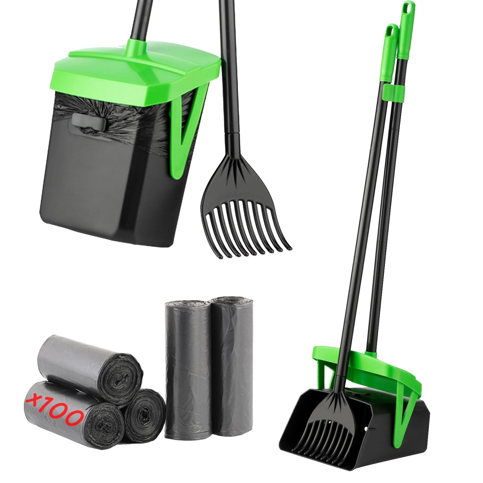FUSBUNTY vista frontal del kit con cubo, rastrillo y bolsas para limpieza rápida