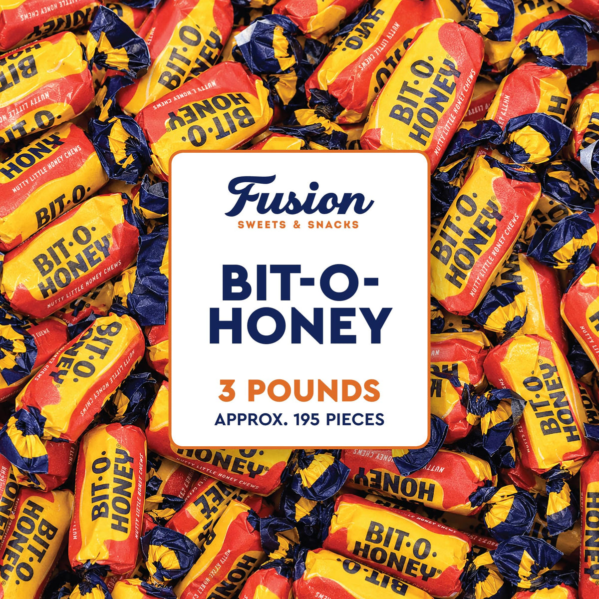 Fusion Sweets And Snacks empaque frontal mostrando la bolsa de 3 libras y conveniencia