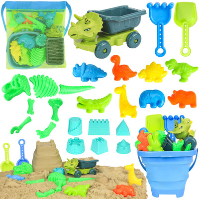 FUSPWEAO vista frontal del paquete con todos los juguetes para playa, promoción de juego creativo