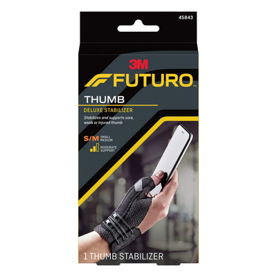 Futuro paquete frontal mostrando la férula y tamaño Small/Medium, comodidad inmediata