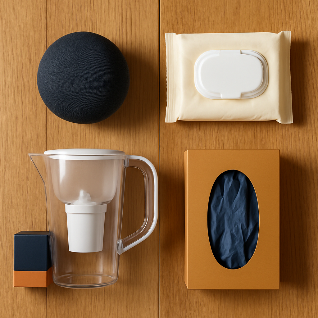 Curated grid of best-selling everyday products on oak boards